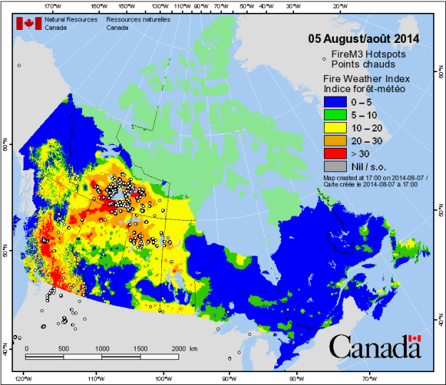 Fire "hotspots" derived from satellite infrared data. Courtesy of the Canadian Wildfire Information System.